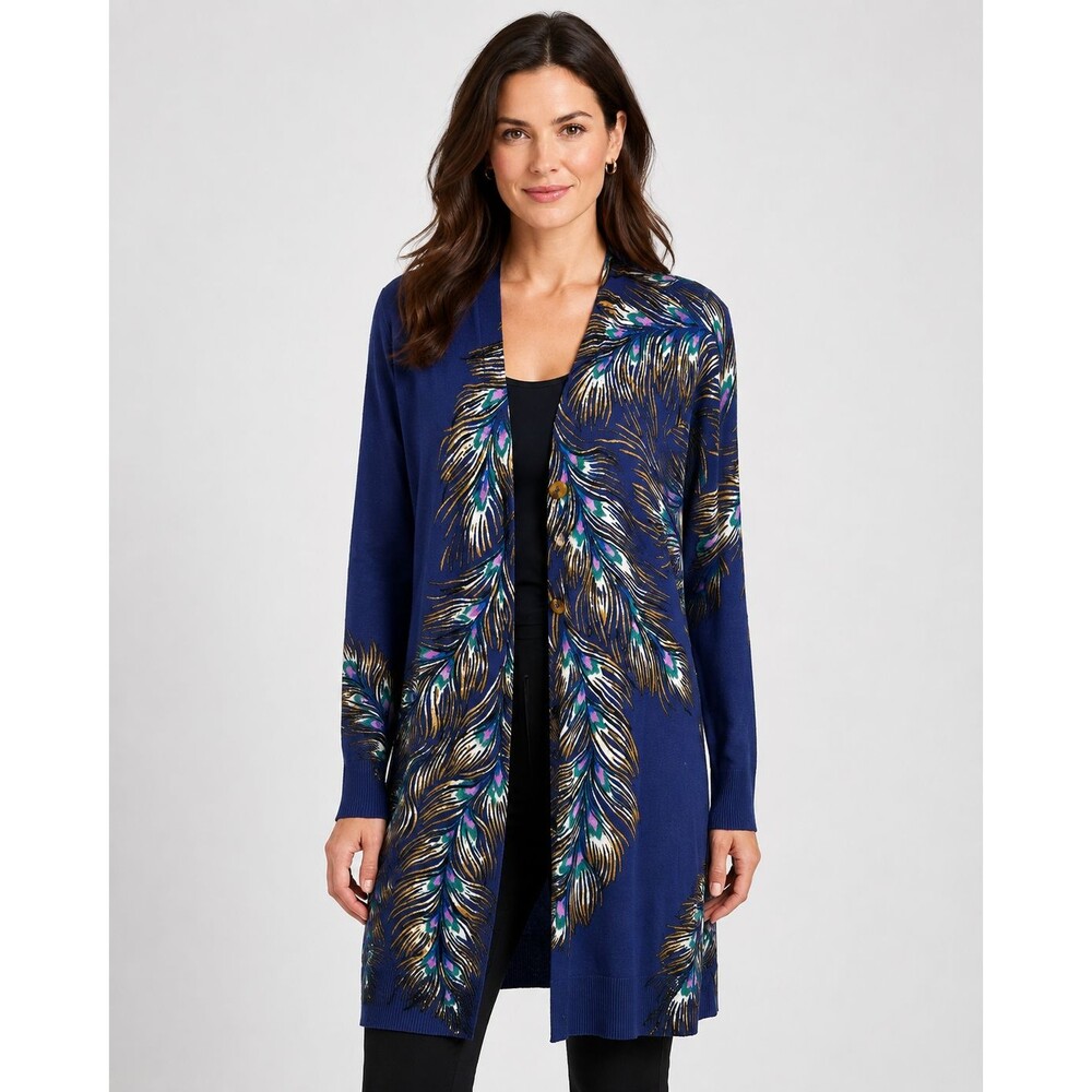 Chico’s Dark Cobalt Feather Print Long Cardigan Sweater Size M NWT